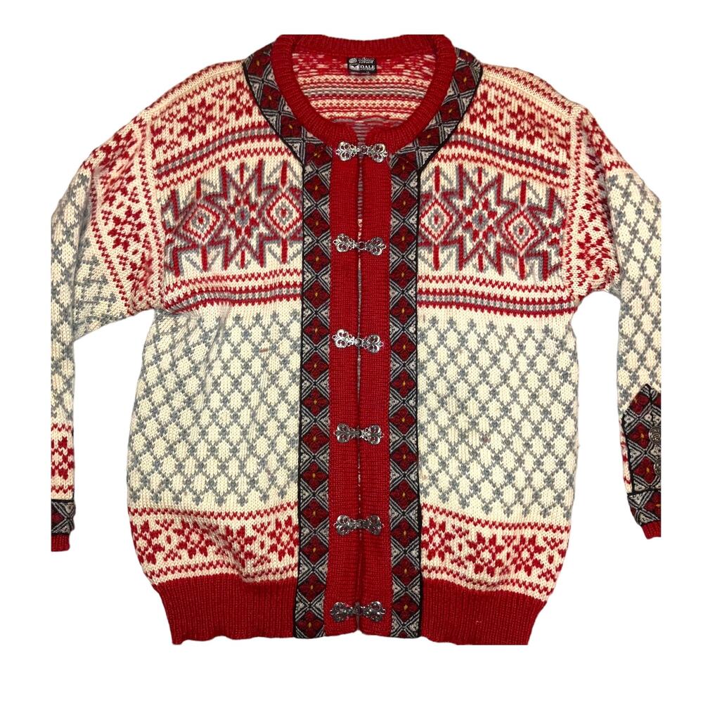 Classic Dale of Norway Fair Isle Nordic Red and White Wool Cardigan-Medium